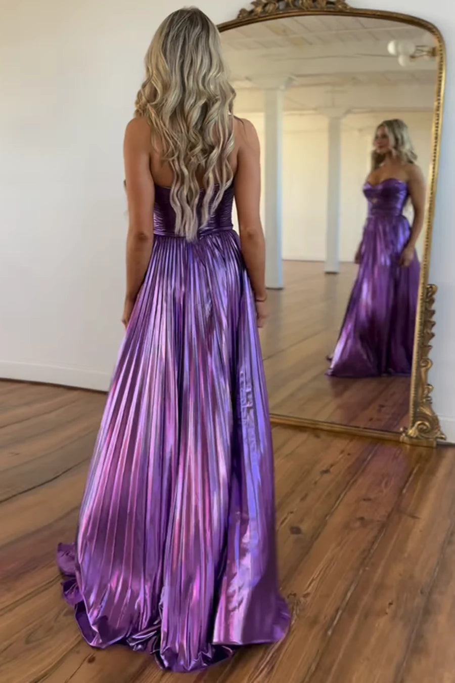 A Line Charming Sweetheart Purple Pleated Satin formal dresses evening gown Prom Dresses with Slit